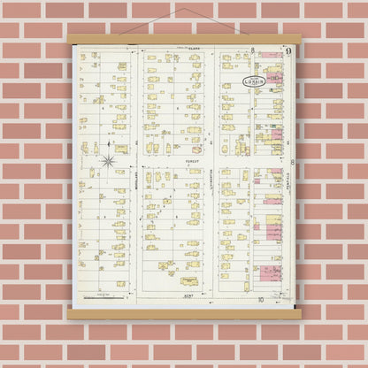 Old map wall art mockup — magnetic wood frame on brick wall — Sanborn Fire Insurance Map from Lorain, Lorain County, Ohio (1896), Sheet #0009