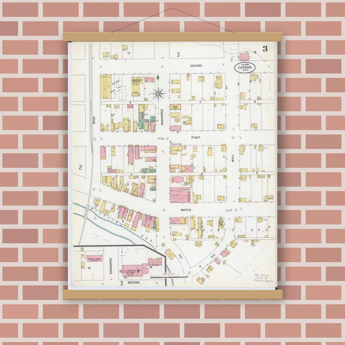 Old map wall art mockup — magnetic wood frame on brick wall — Sanborn Fire Insurance Map from Jordan, Scott County, Minnesota (1899), Sheet #0003