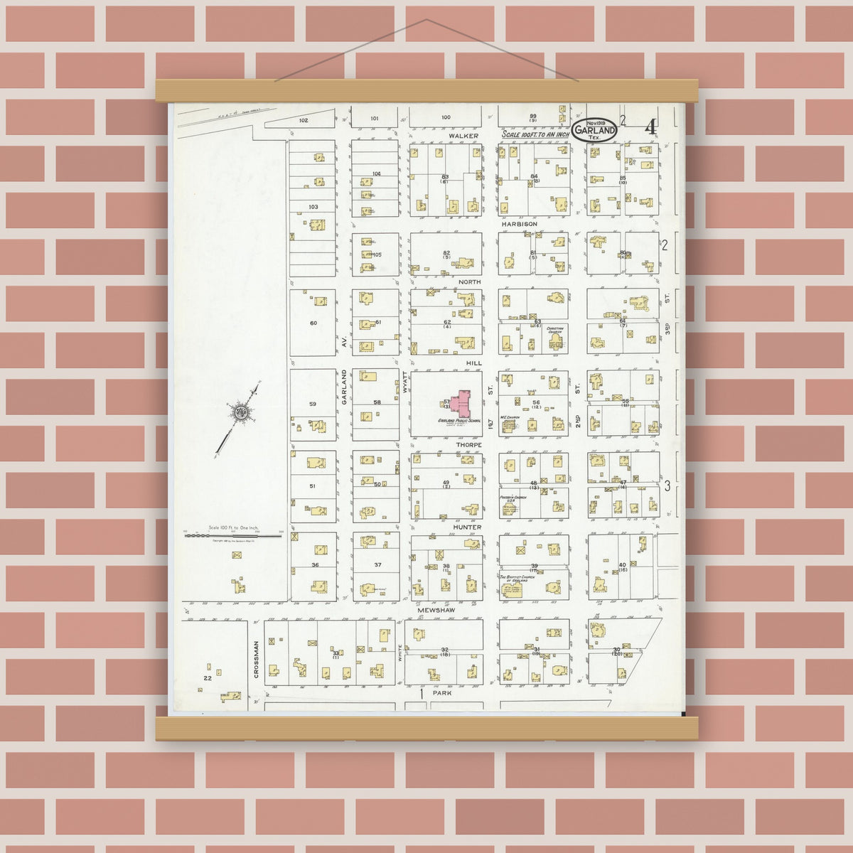Old map wall art mockup — magnetic wood frame on brick wall — Sanborn Fire Insurance Map from Garland, Dallas County, Texas (1919), Sheet #0004