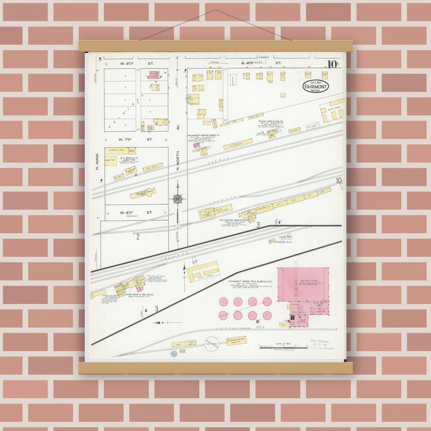 Old map wall art mockup — magnetic wood frame on brick wall — Sanborn Fire Insurance Map from Fairmont, Martin County, Minnesota (1917), Sheet #0010