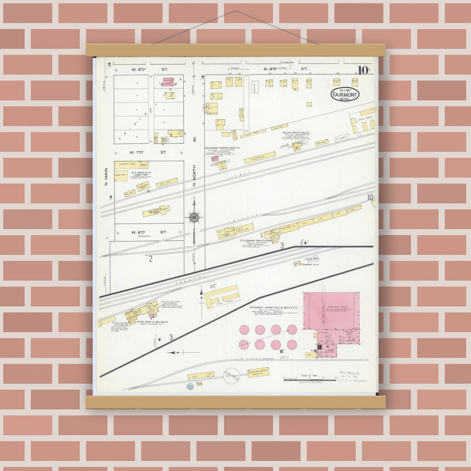 Old map wall art mockup — magnetic wood frame on brick wall — Sanborn Fire Insurance Map from Fairmont, Martin County, Minnesota (1917), Sheet #0010