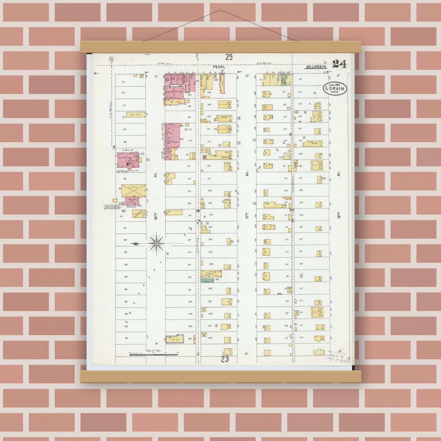 Old map wall art mockup — magnetic wood frame on brick wall — Sanborn Fire Insurance Map from Lorain, Lorain County, Ohio (1905), Sheet #0024