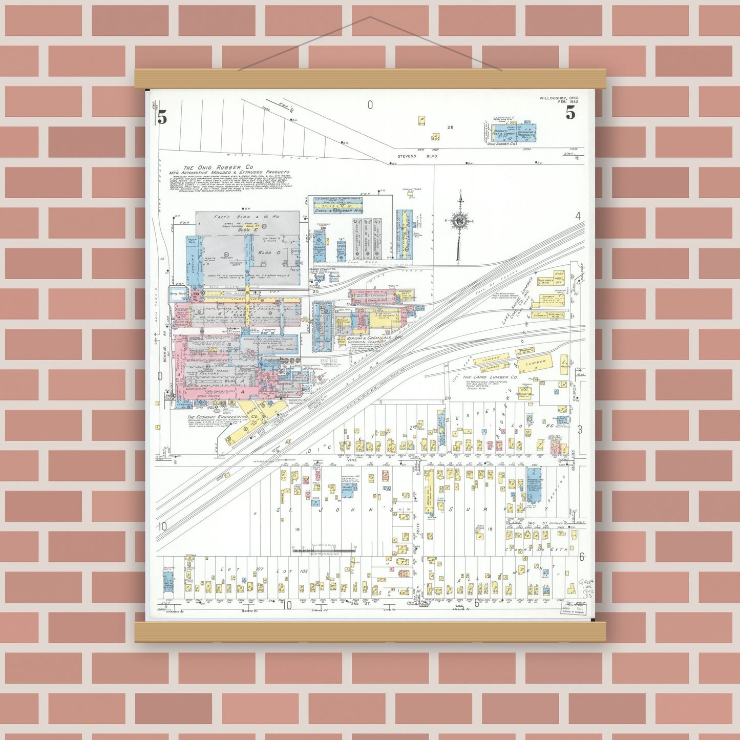 Old map wall art mockup — magnetic wood frame on brick wall — Sanborn Fire Insurance Map from Willoughby, Lake County, Ohio (1952), Sheet #0005