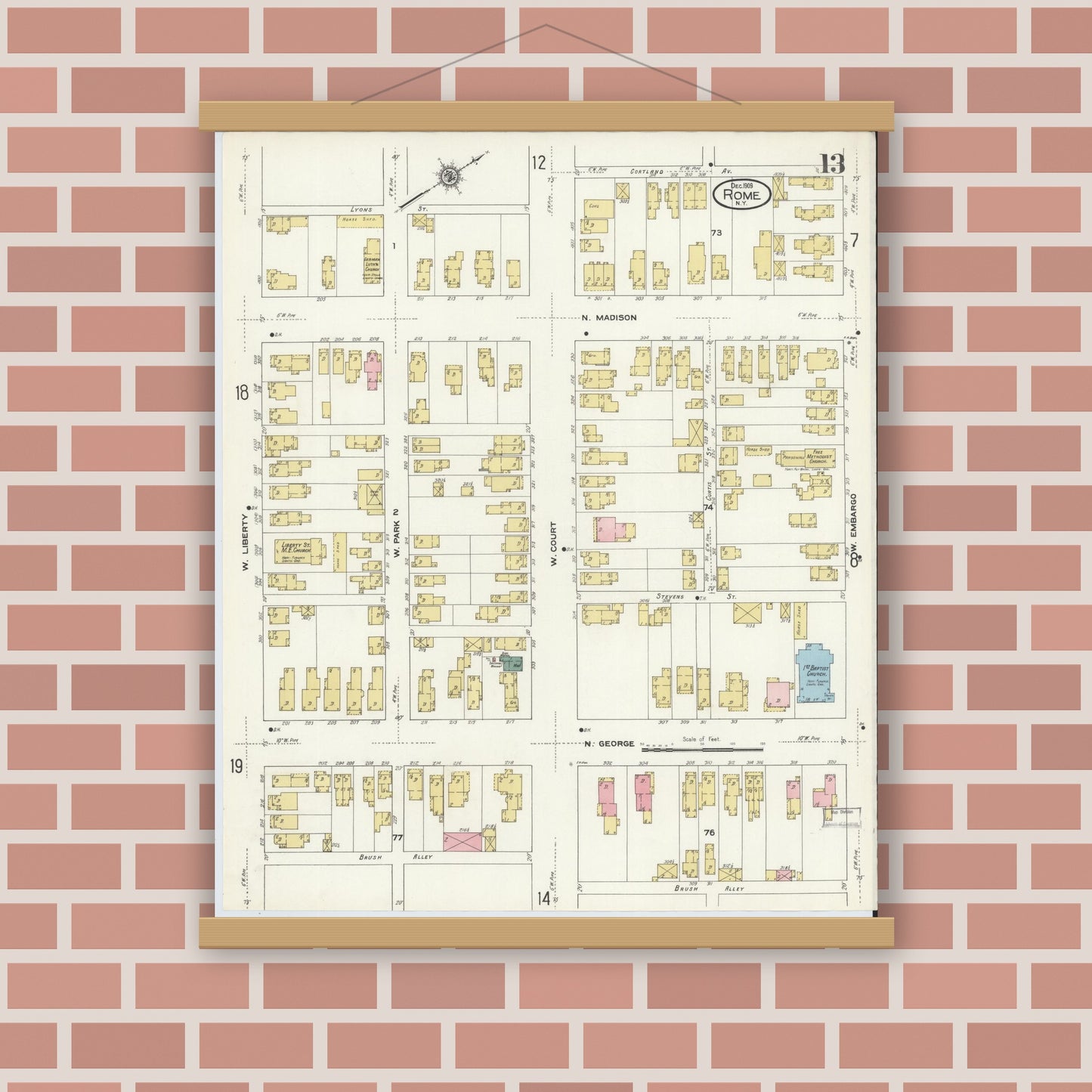 Old map wall art mockup — magnetic wood frame on brick wall — Sanborn Fire Insurance Map from Rome, Oneida County, New York (1909), Sheet #0013