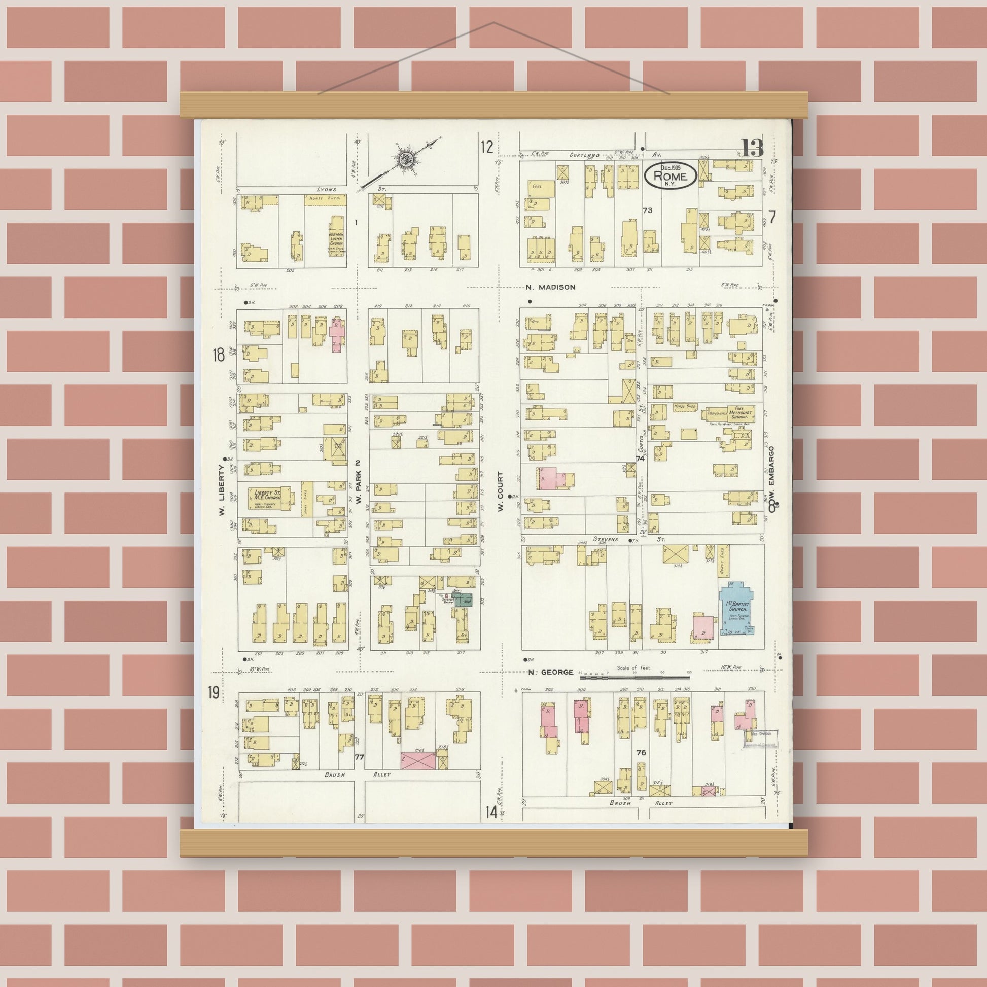 Old map wall art mockup — magnetic wood frame on brick wall — Sanborn Fire Insurance Map from Rome, Oneida County, New York (1909), Sheet #0013