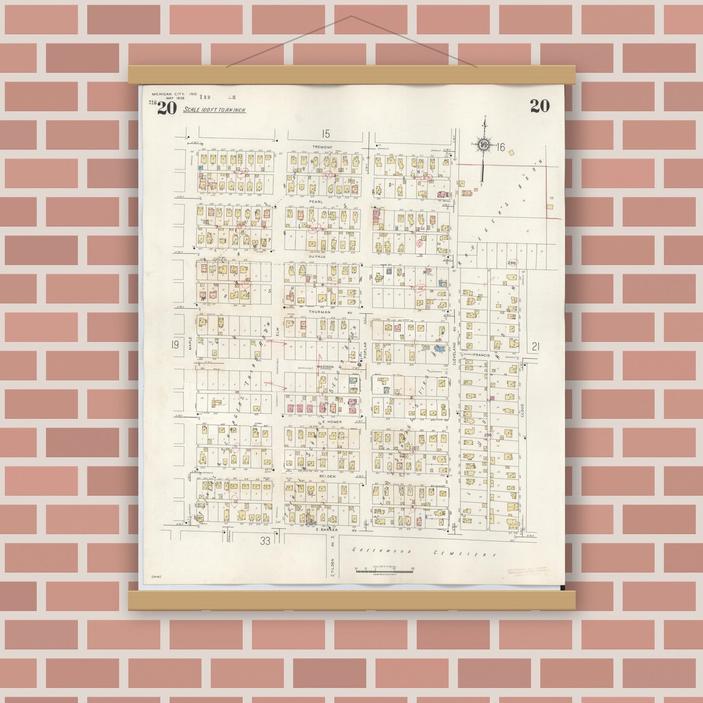 Old map wall art mockup — magnetic wood frame on brick wall — Sanborn Fire Insurance Map from Michigan City, La Porte County, Indiana (1948), Sheet #0020