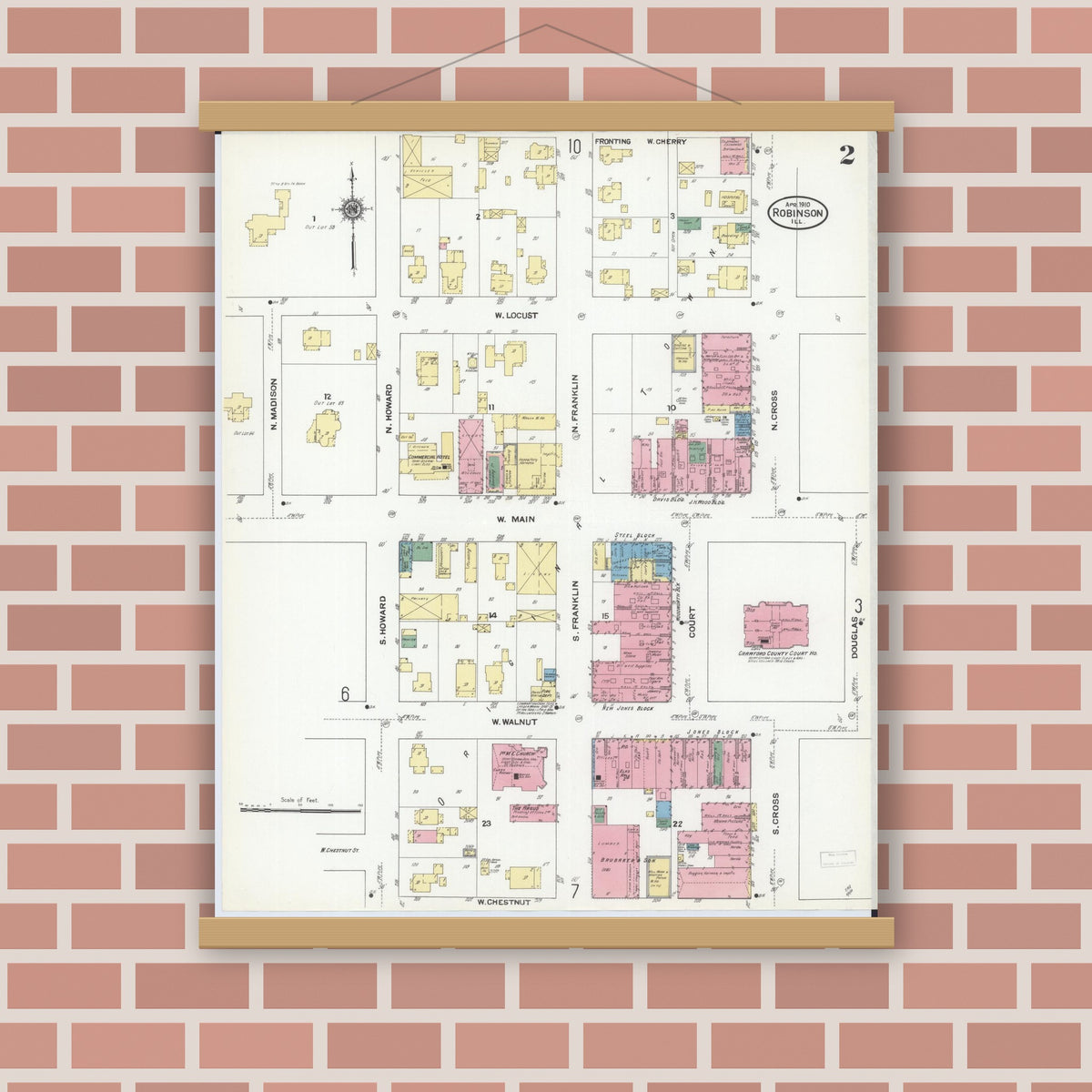Old map wall art mockup — magnetic wood frame on brick wall — Sanborn Fire Insurance Map from Robinson, Crawford County, Illinois (1910), Sheet #0002