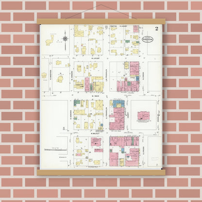 Old map wall art mockup — magnetic wood frame on brick wall — Sanborn Fire Insurance Map from Robinson, Crawford County, Illinois (1910), Sheet #0002
