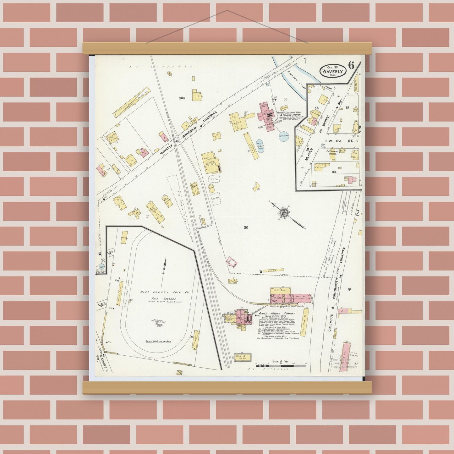 Old map wall art mockup — magnetic wood frame on brick wall — Sanborn Fire Insurance Map from Waverly, Pike County, Ohio (1911), Sheet #0006