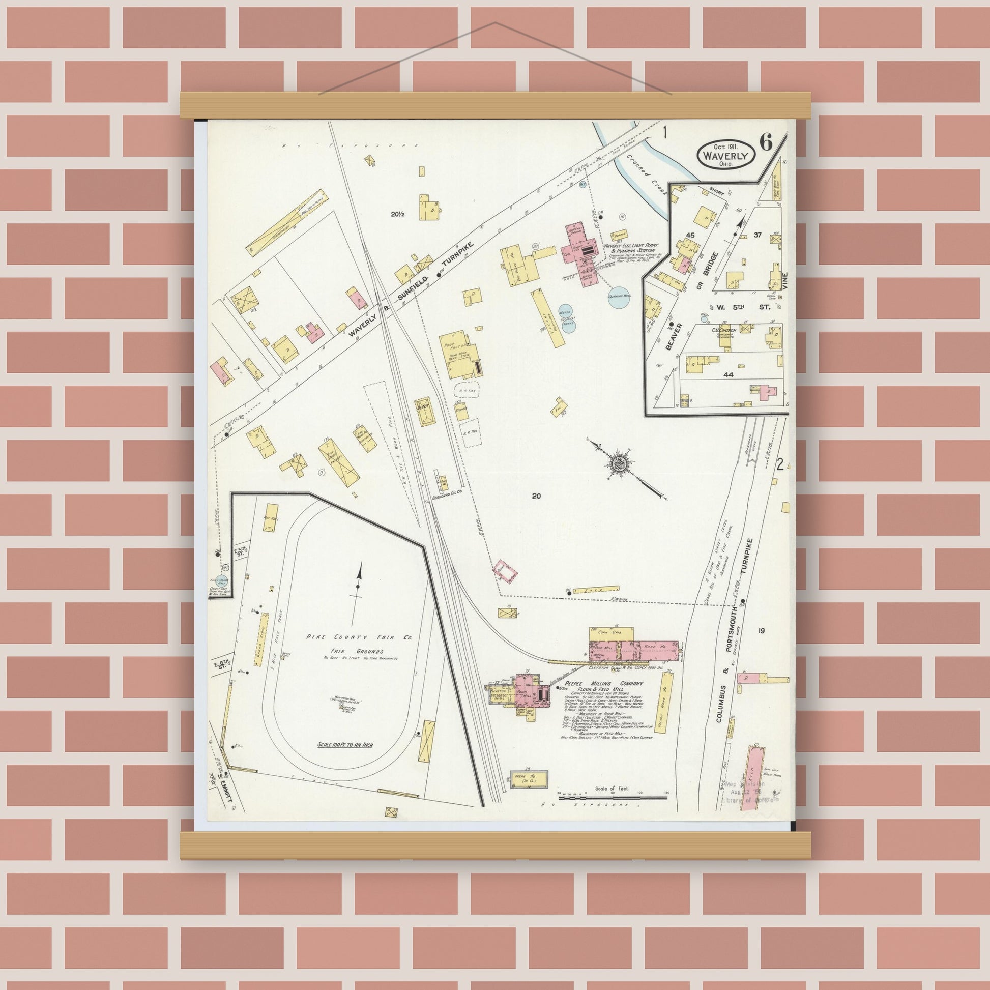 Old map wall art mockup — magnetic wood frame on brick wall — Sanborn Fire Insurance Map from Waverly, Pike County, Ohio (1911), Sheet #0006
