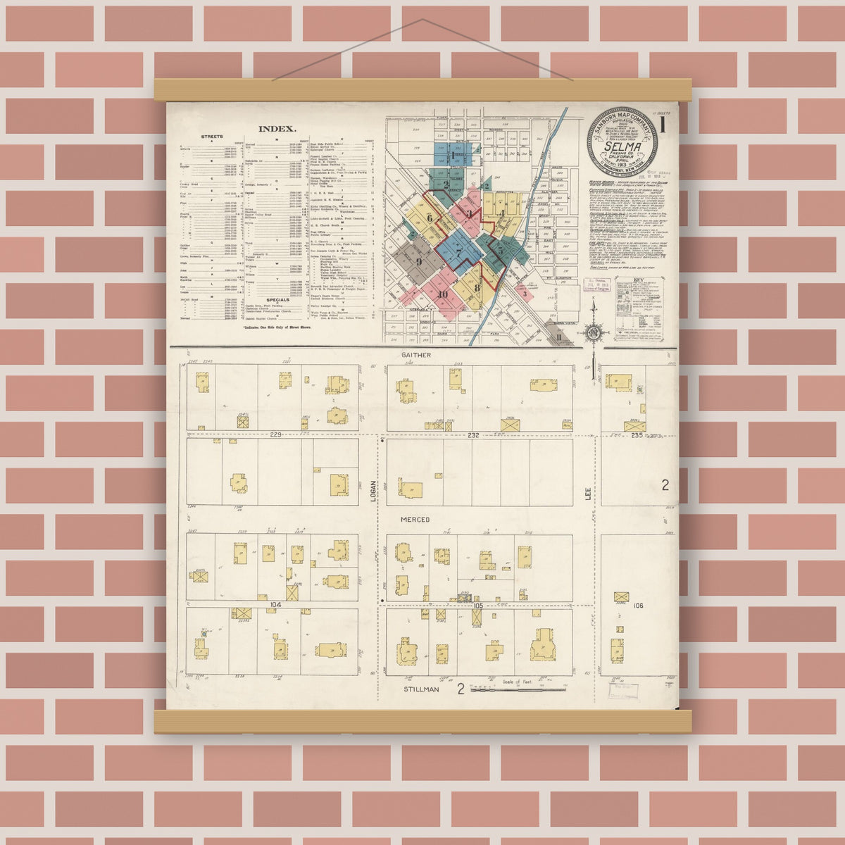 Old map wall art mockup — magnetic wood frame on brick wall — Sanborn Fire Insurance Map from Selma, Fresno County, California (1913) - Complete Map Set