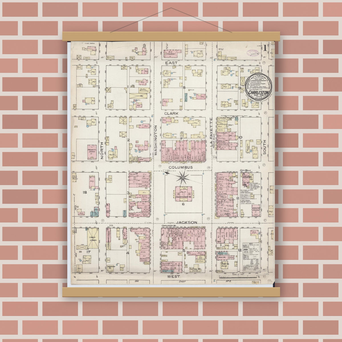 Old map wall art mockup — magnetic wood frame on brick wall — Sanborn Fire Insurance Map from Charleston, Coles County, Illinois (1886) - Complete Map Set