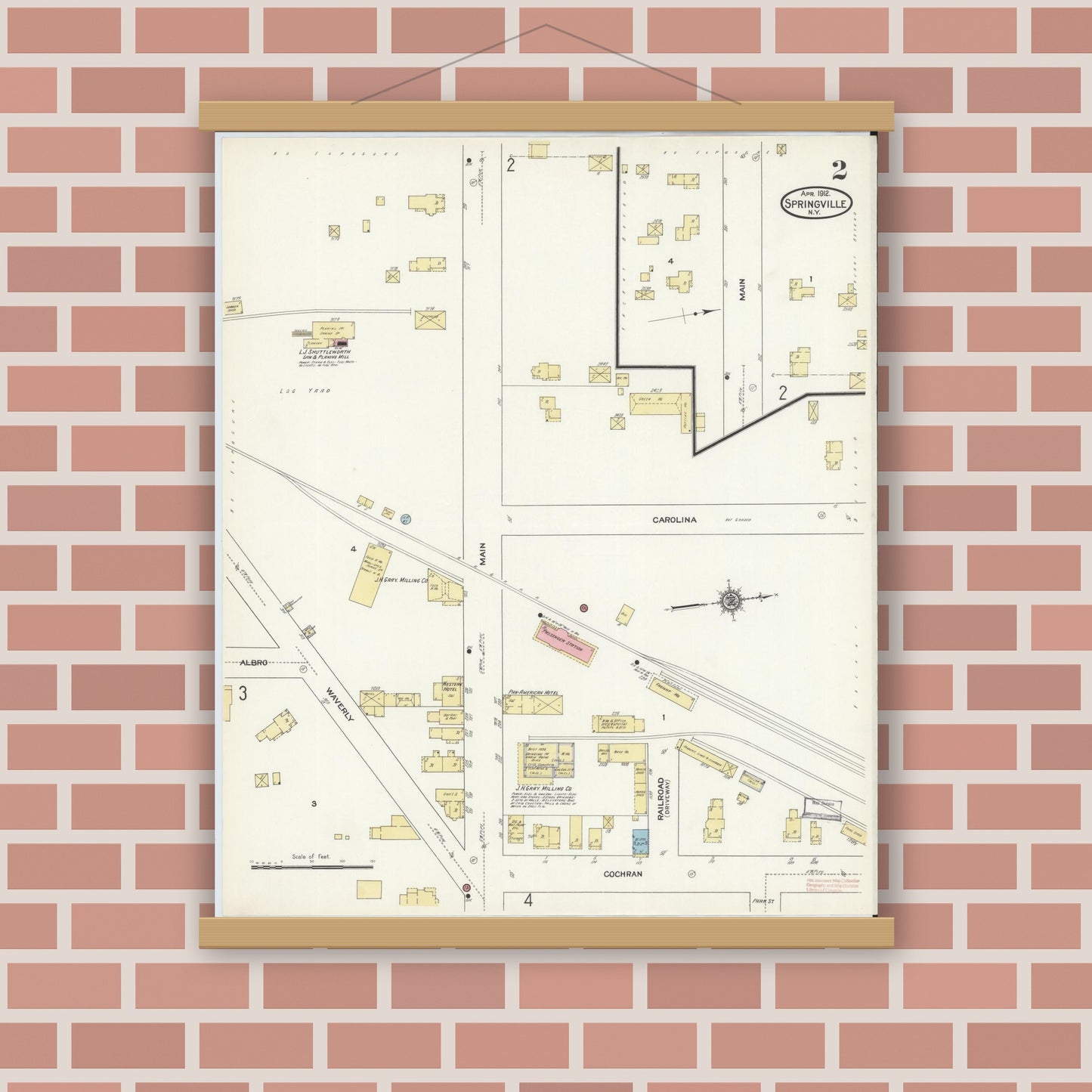 Old map wall art mockup — magnetic wood frame on brick wall — Sanborn Fire Insurance Map from Springville, Erie County, New York (1912), Sheet #0002