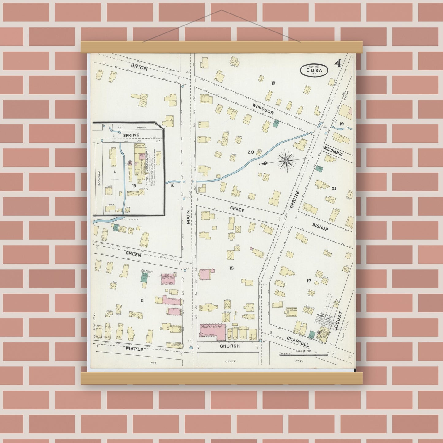 Old map wall art mockup — magnetic wood frame on brick wall — Sanborn Fire Insurance Map from Cuba, Allegany County, New York (1891), Sheet #0004
