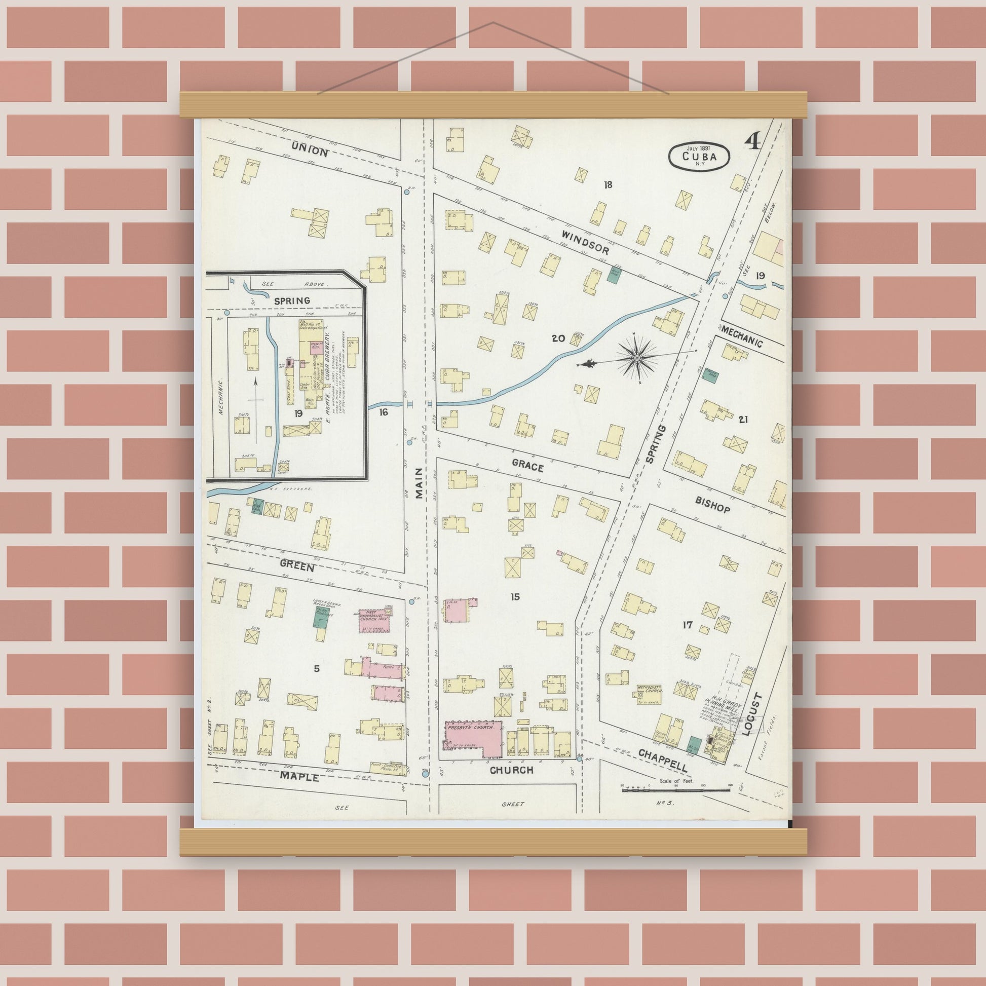 Old map wall art mockup — magnetic wood frame on brick wall — Sanborn Fire Insurance Map from Cuba, Allegany County, New York (1891), Sheet #0004