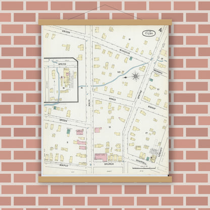 Old map wall art mockup — magnetic wood frame on brick wall — Sanborn Fire Insurance Map from Cuba, Allegany County, New York (1891), Sheet #0004