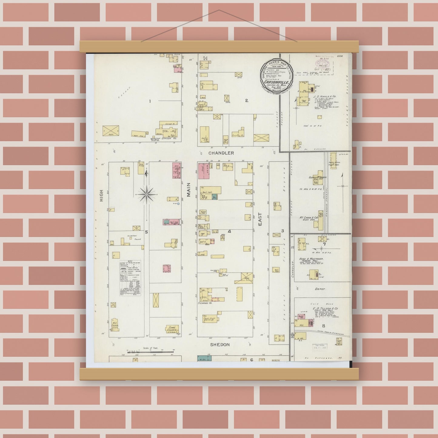 Old map wall art mockup — magnetic wood frame on brick wall — Sanborn Fire Insurance Map from Carsonville, Sanilac County, Michigan (1893), Sheet #0001