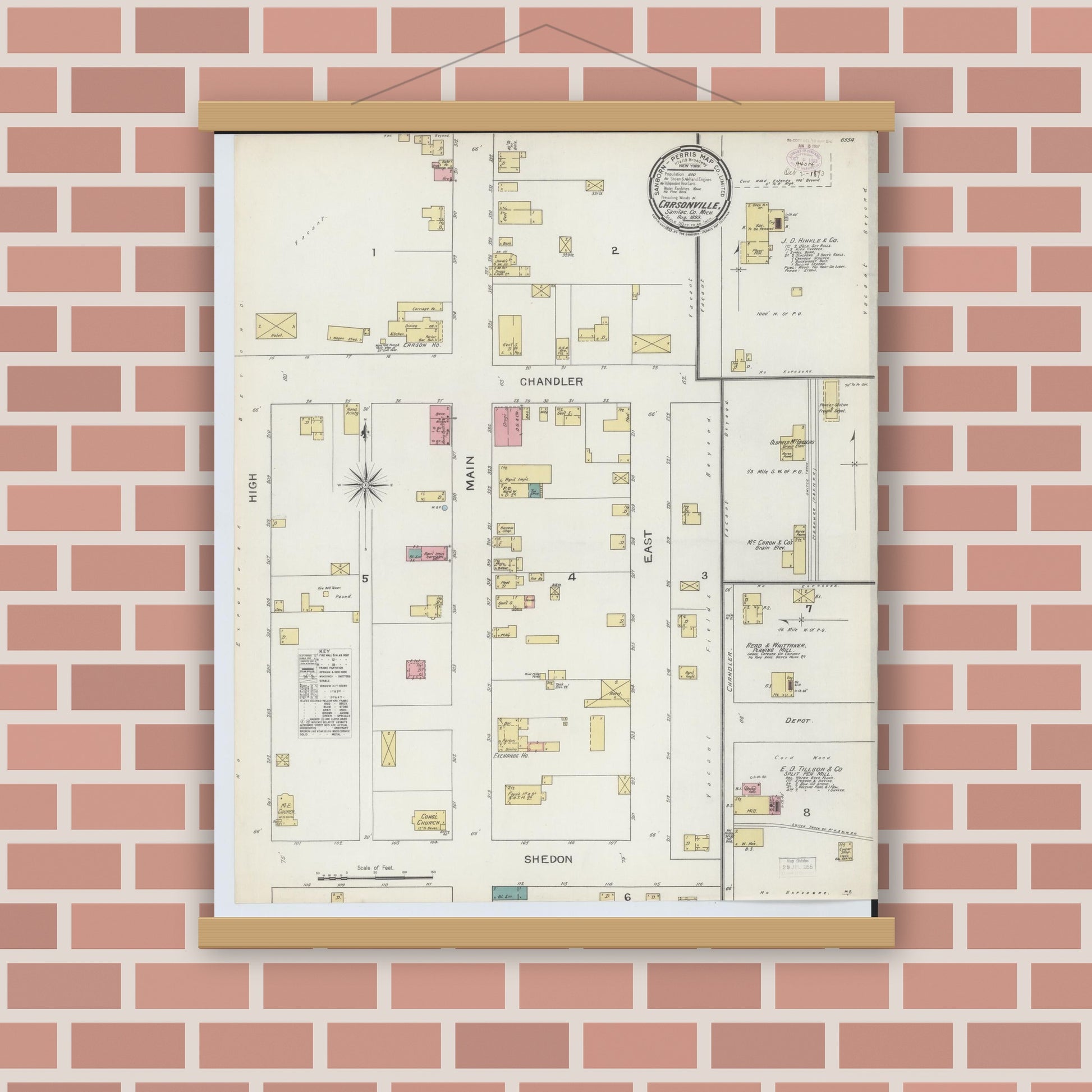 Old map wall art mockup — magnetic wood frame on brick wall — Sanborn Fire Insurance Map from Carsonville, Sanilac County, Michigan (1893), Sheet #0001