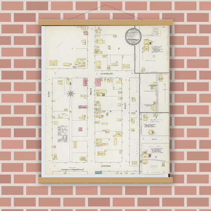 Old map wall art mockup — magnetic wood frame on brick wall — Sanborn Fire Insurance Map from Carsonville, Sanilac County, Michigan (1893), Sheet #0001