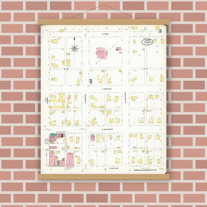Old map wall art mockup — magnetic wood frame on brick wall — Sanborn Fire Insurance Map from Albia, Monroe County, Iowa (1907), Sheet #0003