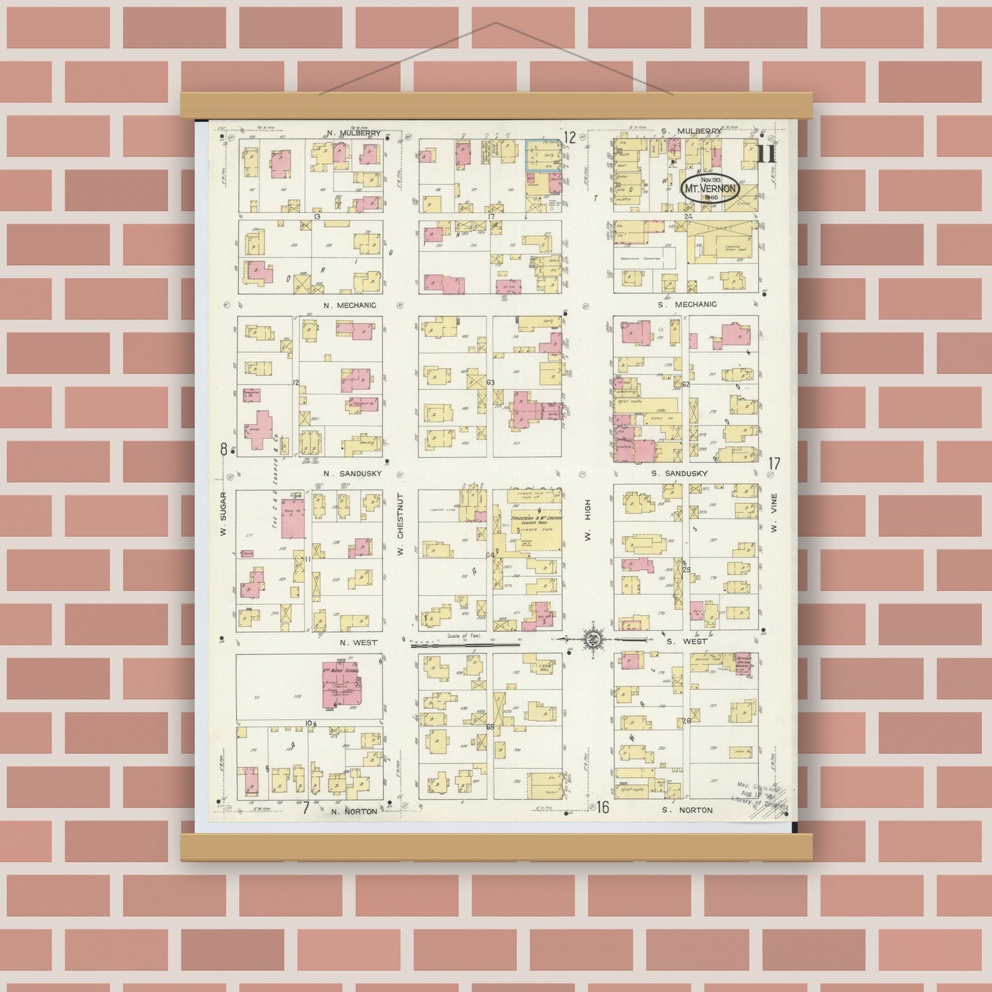 Old map wall art mockup — magnetic wood frame on brick wall — Sanborn Fire Insurance Map from Mount Vernon, Knox County, Ohio (1913), Sheet #0011