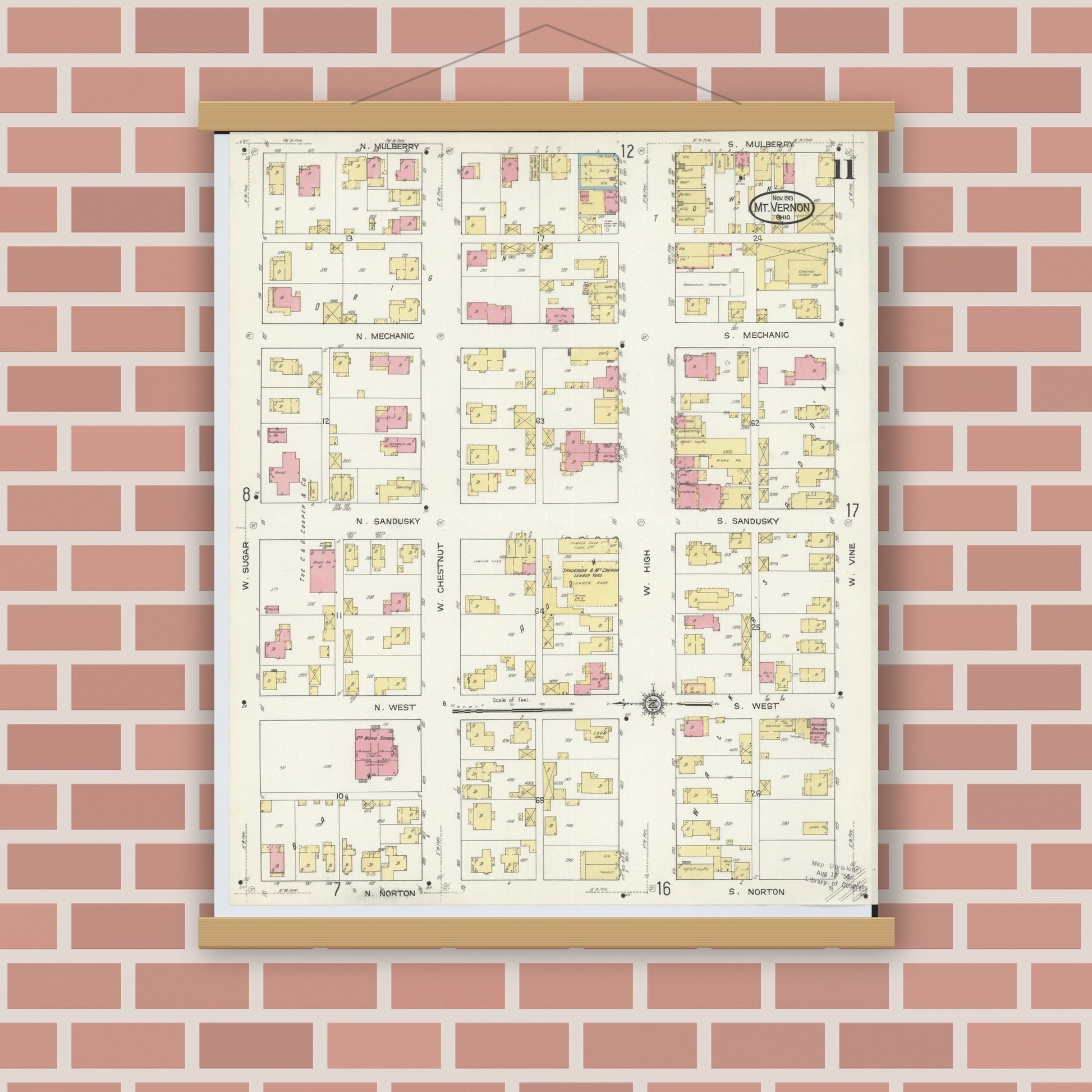 Old map wall art mockup — magnetic wood frame on brick wall — Sanborn Fire Insurance Map from Mount Vernon, Knox County, Ohio (1913), Sheet #0011