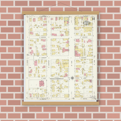 Old map wall art mockup — magnetic wood frame on brick wall — Sanborn Fire Insurance Map from Mount Vernon, Knox County, Ohio (1913), Sheet #0011
