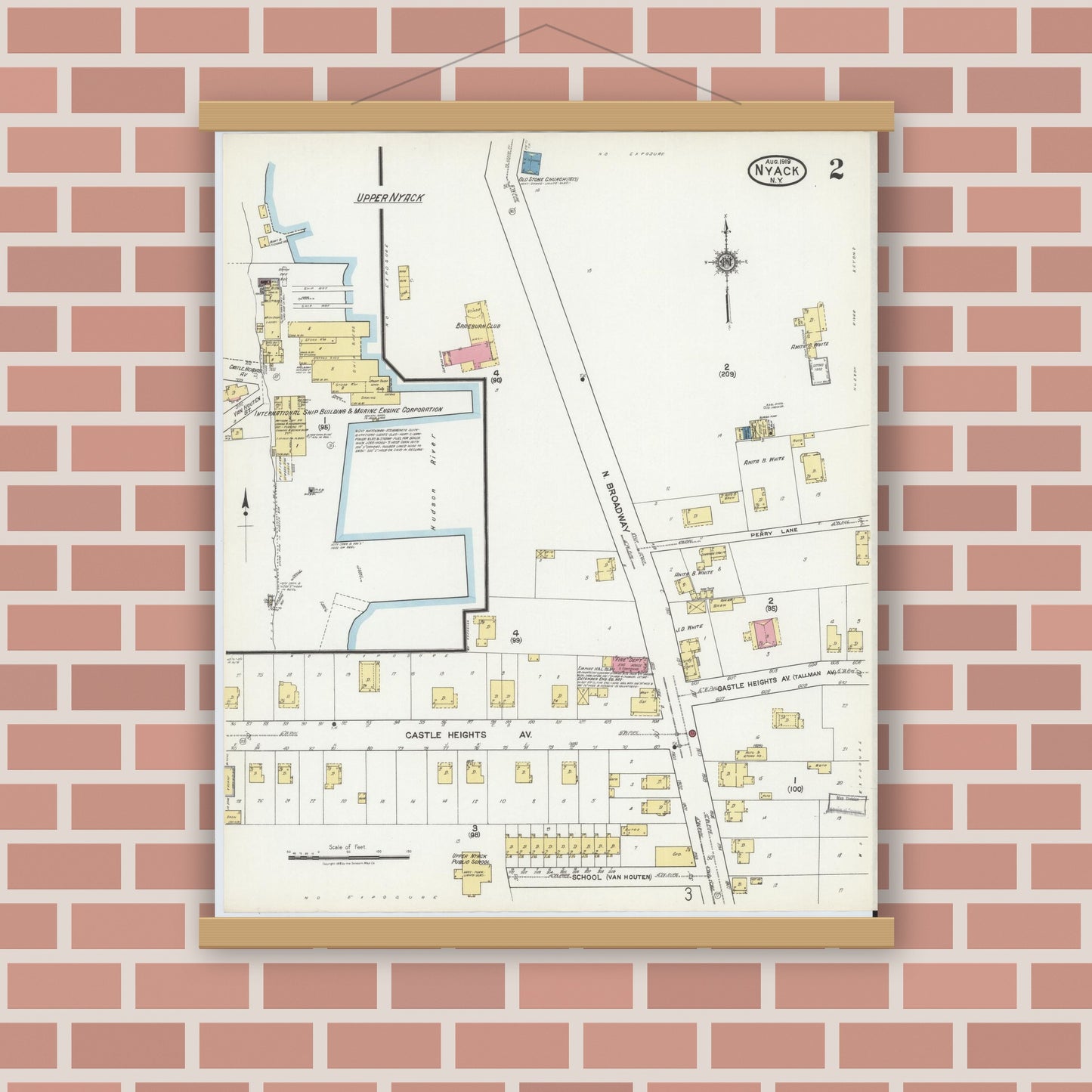 Old map wall art mockup — magnetic wood frame on brick wall — Sanborn Fire Insurance Map from Nyack, Rockland County, New York. (1919), Sheet #0002