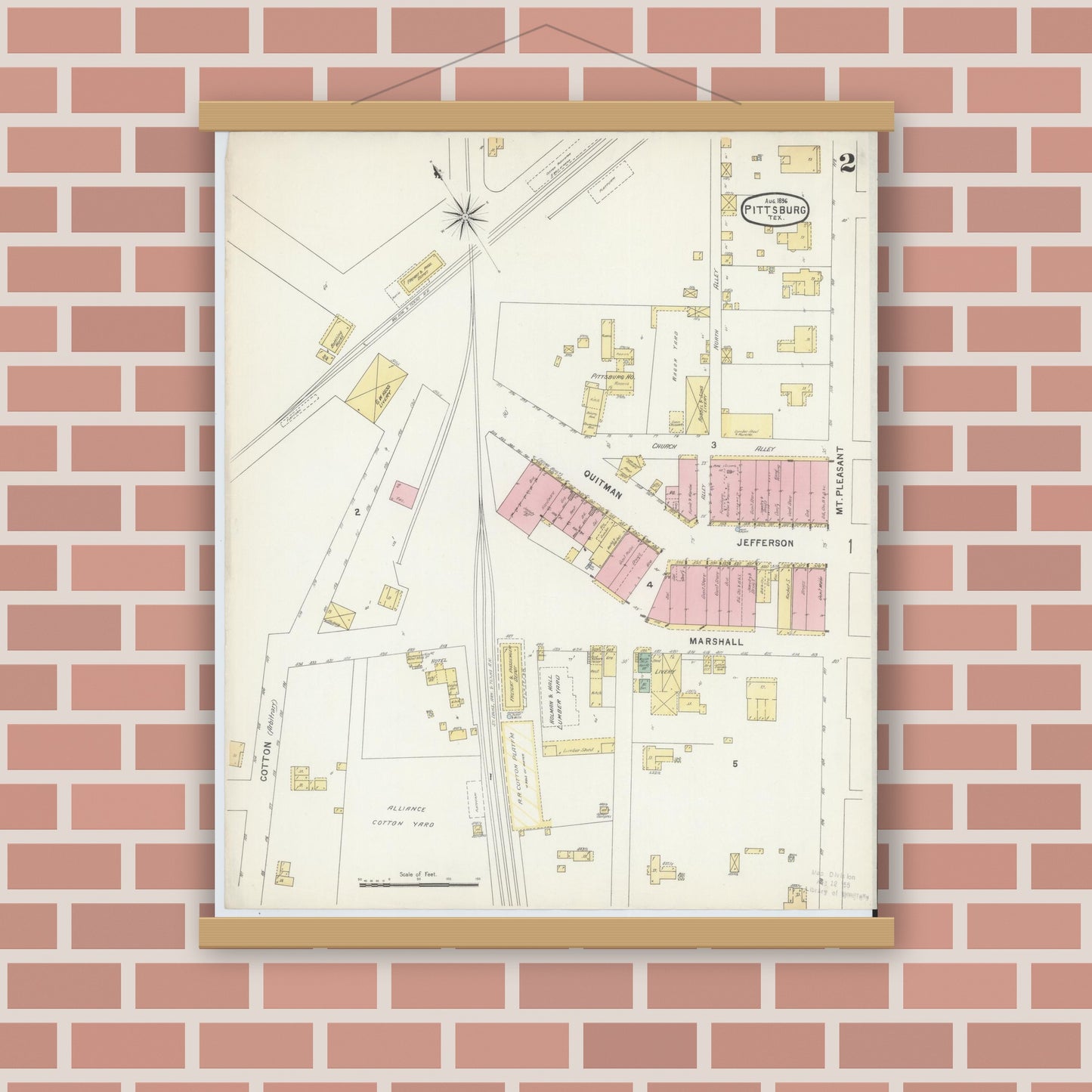 Old map wall art mockup — magnetic wood frame on brick wall — Sanborn Fire Insurance Map from Pittsburg, Camp County, Texas (1896), Sheet #0002