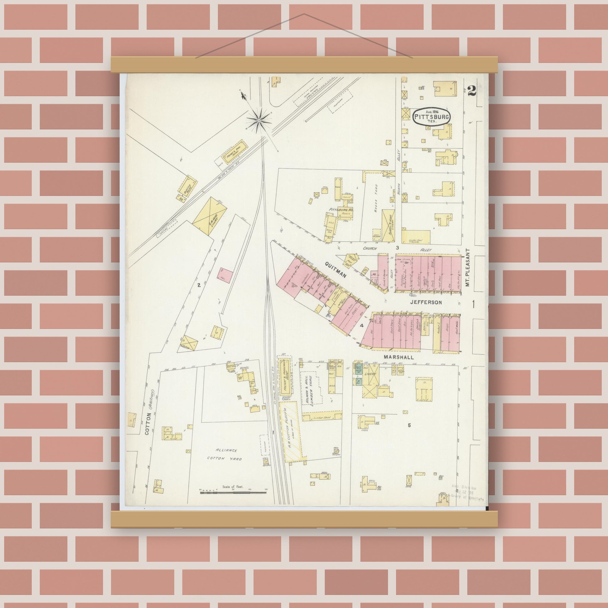 Old map wall art mockup — magnetic wood frame on brick wall — Sanborn Fire Insurance Map from Pittsburg, Camp County, Texas (1896), Sheet #0002