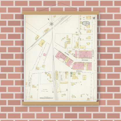 Old map wall art mockup — magnetic wood frame on brick wall — Sanborn Fire Insurance Map from Pittsburg, Camp County, Texas (1896), Sheet #0002