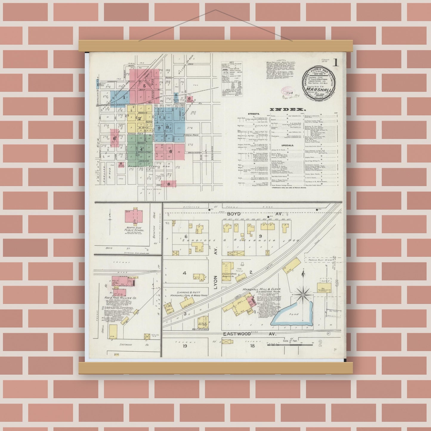 Old map wall art mockup — magnetic wood frame on brick wall — Sanborn Fire Insurance Map from Marshall, Saline County, Missouri (1894), Sheet #0001
