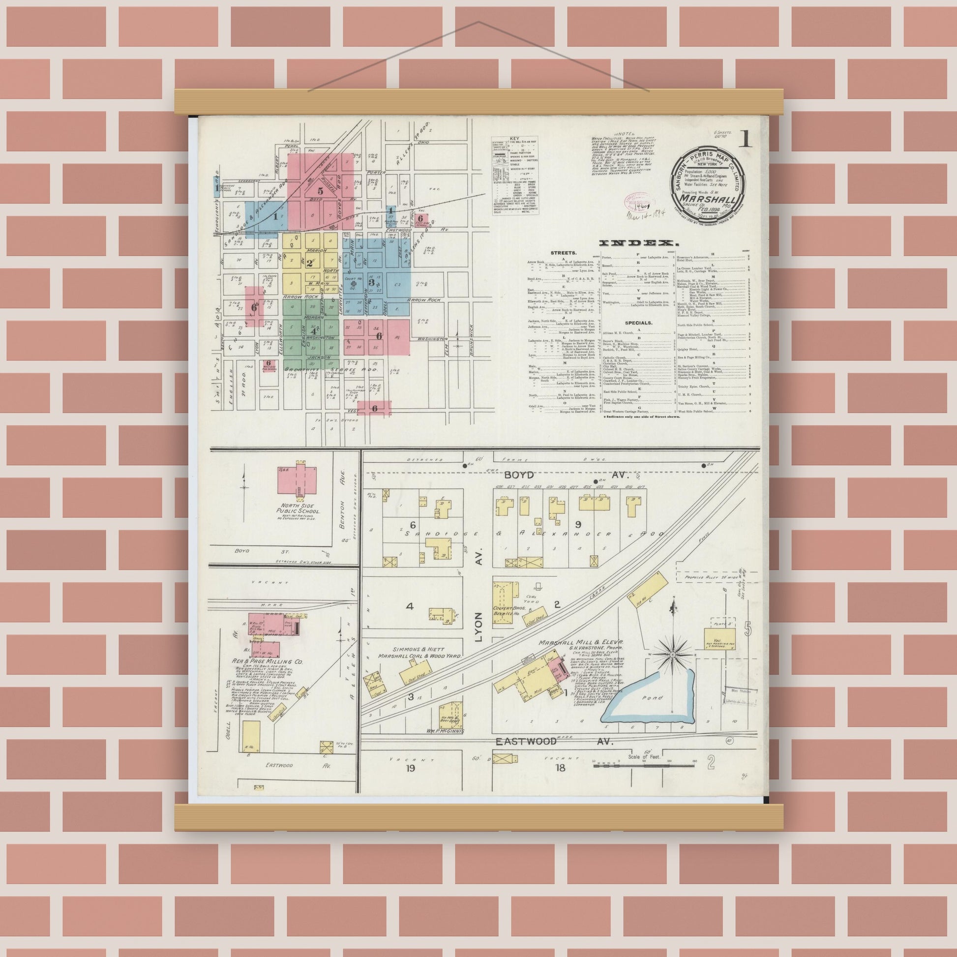Old map wall art mockup — magnetic wood frame on brick wall — Sanborn Fire Insurance Map from Marshall, Saline County, Missouri (1894), Sheet #0001