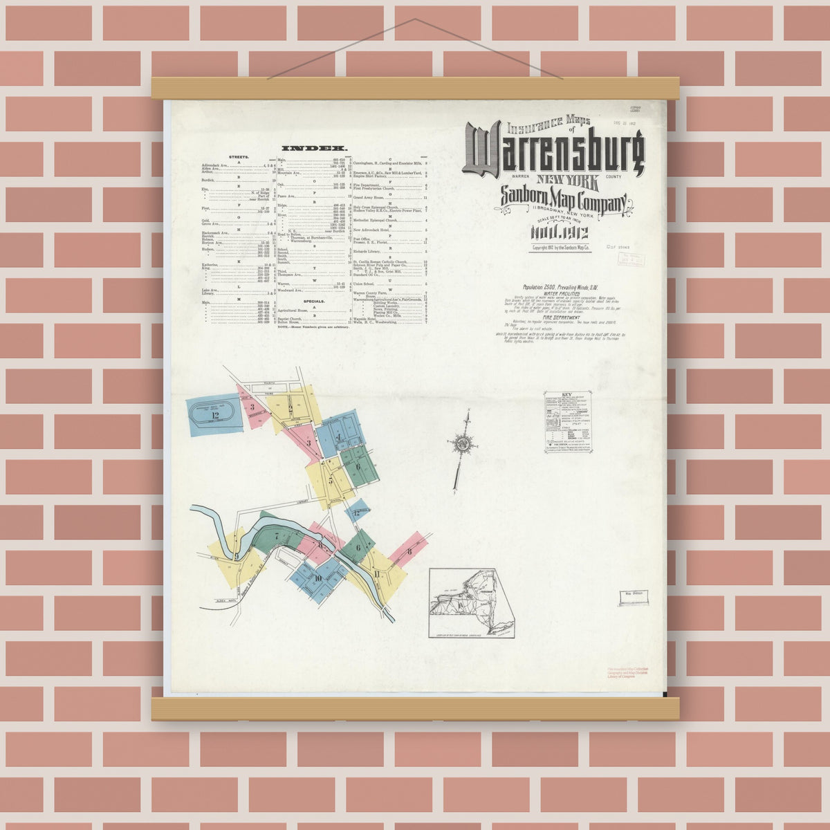 Old map wall art mockup — magnetic wood frame on brick wall — Sanborn Fire Insurance Map from Warrensburg, Warren County, New York (1912) - Complete Map Set