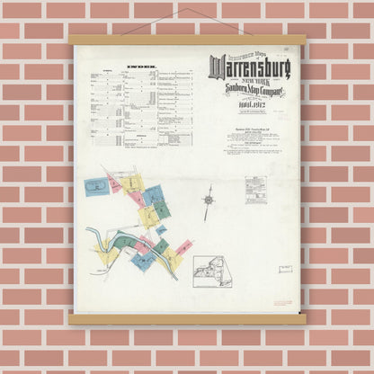 Old map wall art mockup — magnetic wood frame on brick wall — Sanborn Fire Insurance Map from Warrensburg, Warren County, New York (1912) - Complete Map Set