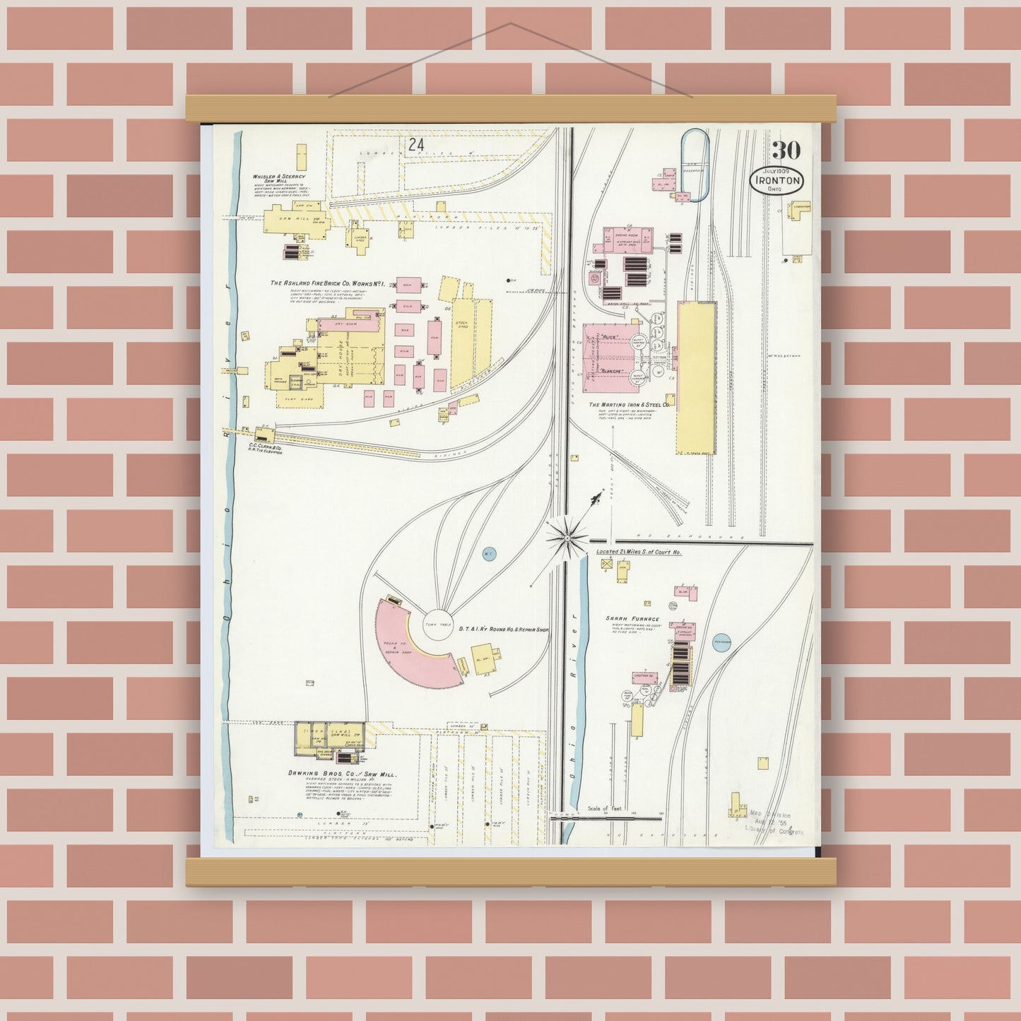 Old map wall art mockup — magnetic wood frame on brick wall — Sanborn Fire Insurance Map from Ironton, Lawrence County, Ohio (1909), Sheet #0030