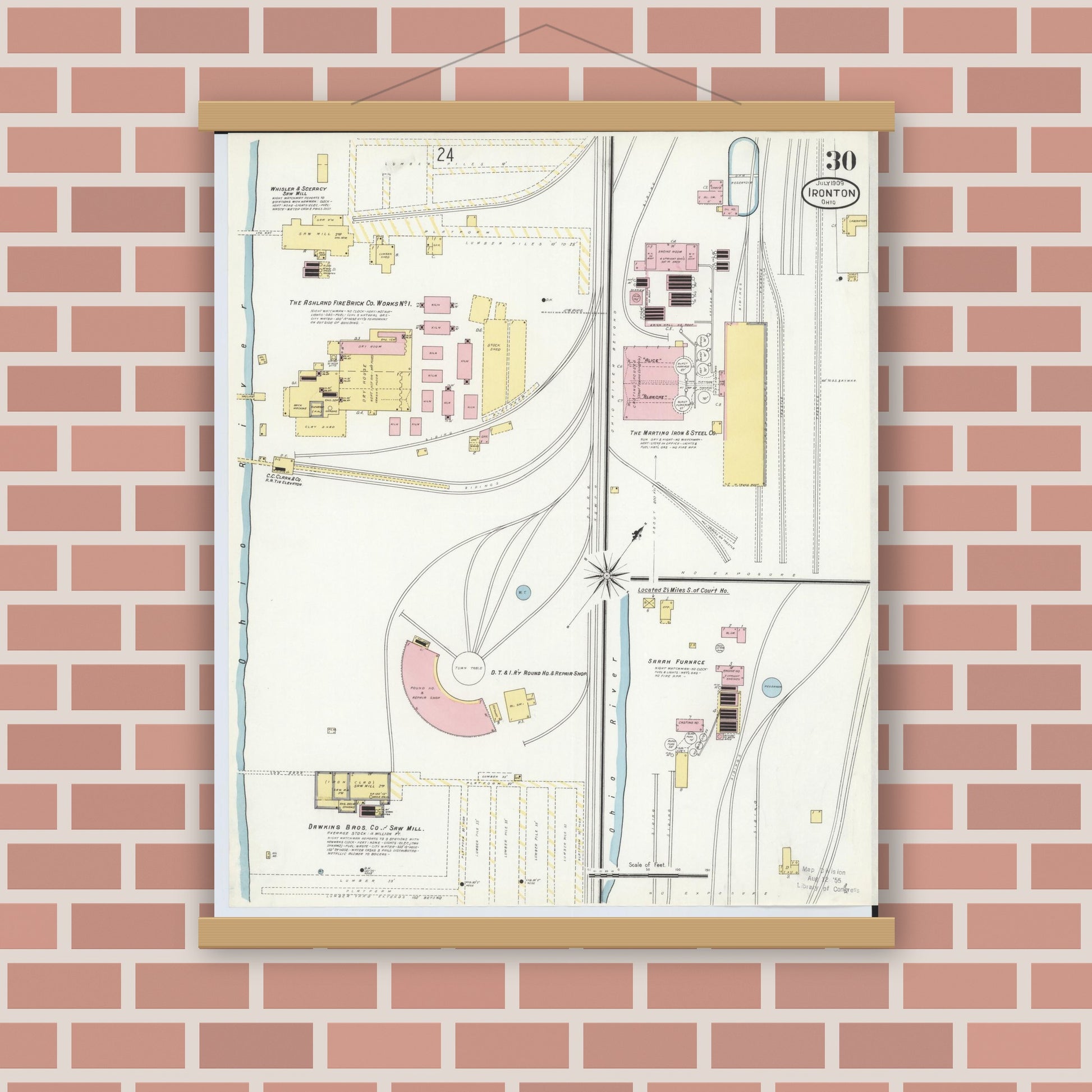 Old map wall art mockup — magnetic wood frame on brick wall — Sanborn Fire Insurance Map from Ironton, Lawrence County, Ohio (1909), Sheet #0030