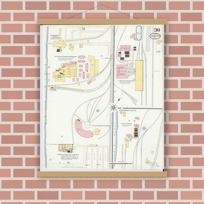 Old map wall art mockup — magnetic wood frame on brick wall — Sanborn Fire Insurance Map from Ironton, Lawrence County, Ohio (1909), Sheet #0030
