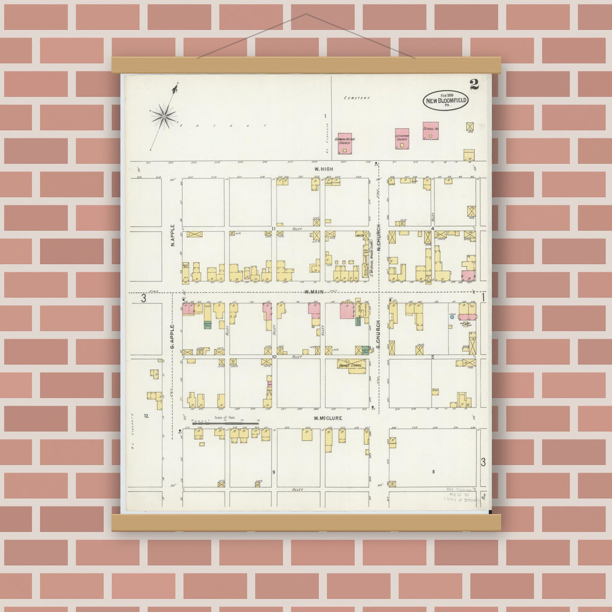 Old map wall art mockup — magnetic wood frame on brick wall — Sanborn Fire Insurance Map from New Bloomfield, Perry County, Pennsylvania (1899), Sheet #0002