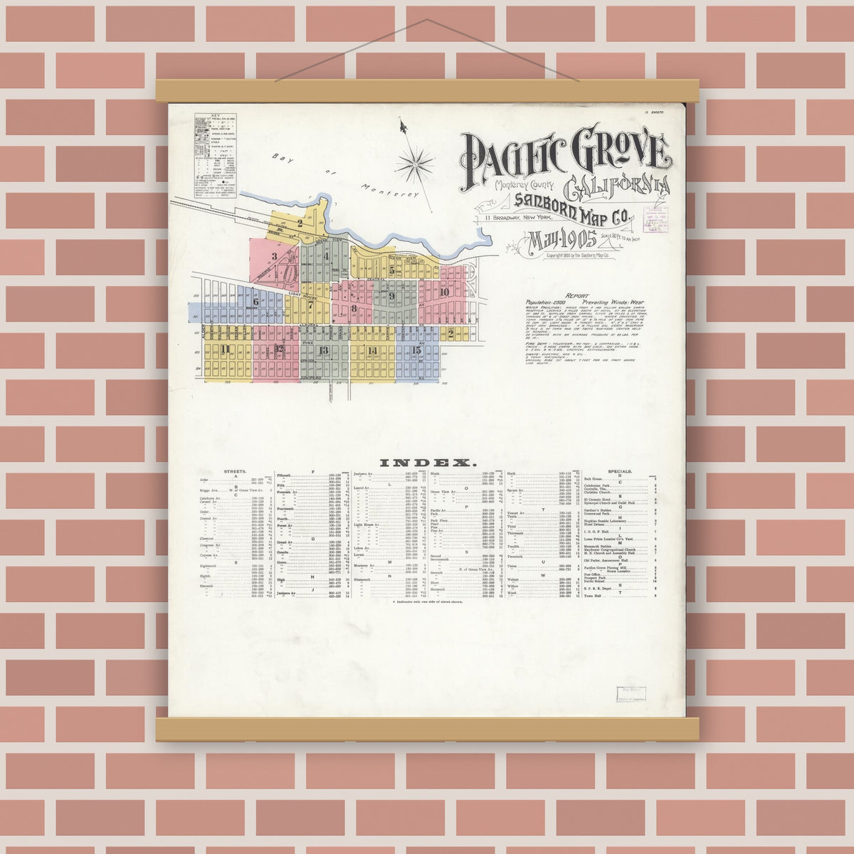 Old map wall art mockup — magnetic wood frame on brick wall — Sanborn Fire Insurance Map from Pacific Grove, Monterey County, California (1905) - Complete Map Set