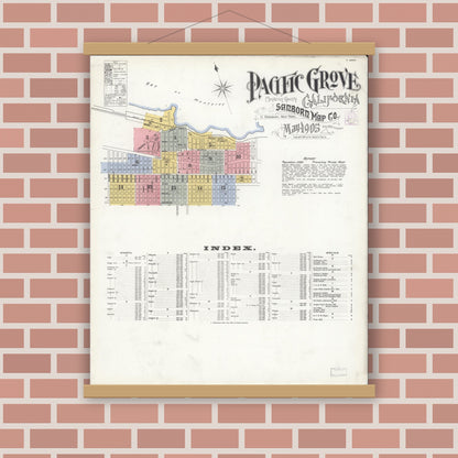 Old map wall art mockup — magnetic wood frame on brick wall — Sanborn Fire Insurance Map from Pacific Grove, Monterey County, California (1905) - Complete Map Set