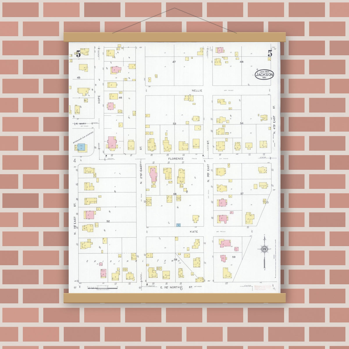 Old map wall art mockup — magnetic wood frame on brick wall — Sanborn Fire Insurance Map from Jackson, Cape Girardeau County, Missouri (1931), Sheet #0005
