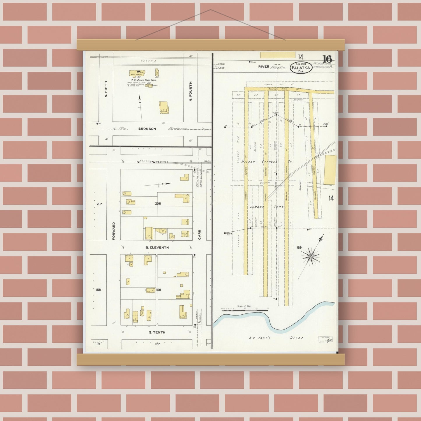 Old map wall art mockup — magnetic wood frame on brick wall — Sanborn Fire Insurance Map from Palatka, Putnam County, Florida (1909), Sheet #0016