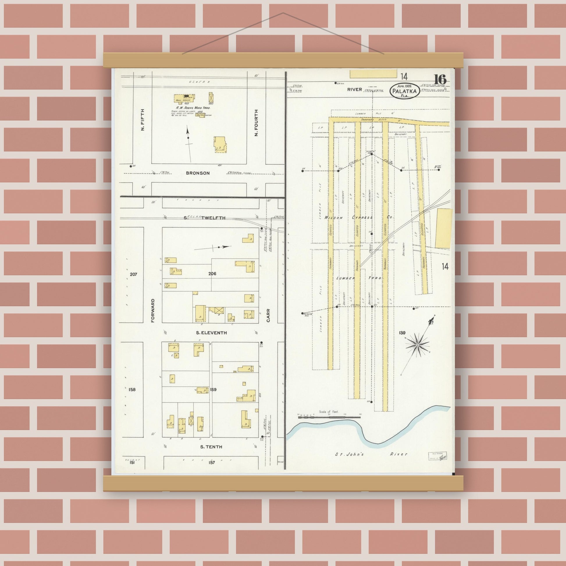 Old map wall art mockup — magnetic wood frame on brick wall — Sanborn Fire Insurance Map from Palatka, Putnam County, Florida (1909), Sheet #0016