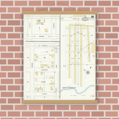 Old map wall art mockup — magnetic wood frame on brick wall — Sanborn Fire Insurance Map from Palatka, Putnam County, Florida (1909), Sheet #0016
