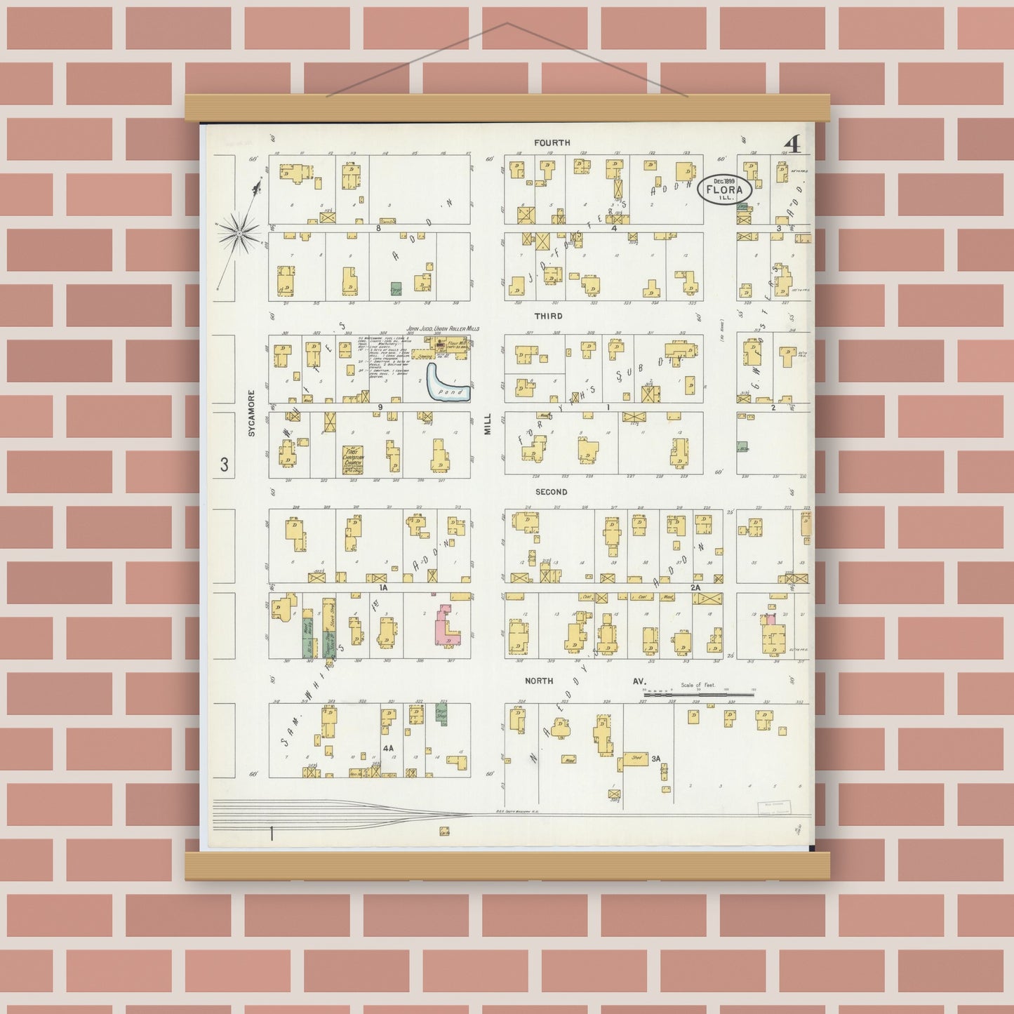 Old map wall art mockup — magnetic wood frame on brick wall — Sanborn Fire Insurance Map from Flora, Clay County, Illinois (1899), Sheet #0004