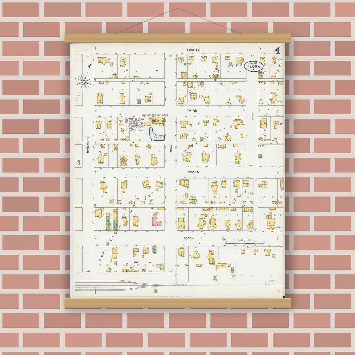 Old map wall art mockup — magnetic wood frame on brick wall — Sanborn Fire Insurance Map from Flora, Clay County, Illinois (1899), Sheet #0004