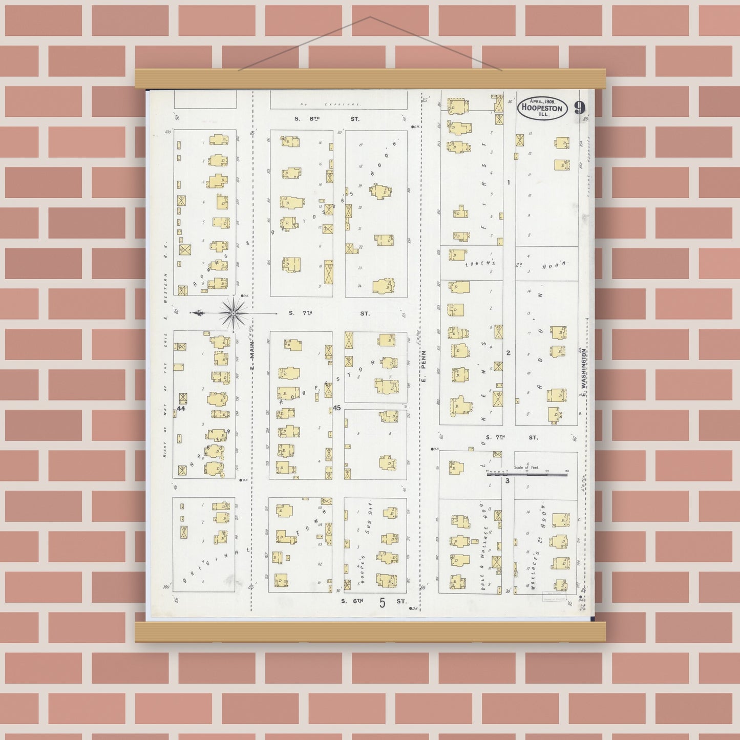 Old map wall art mockup — magnetic wood frame on brick wall — Sanborn Fire Insurance Map from Hoopeston, Vermilion County, Illinois (1906), Sheet #0009