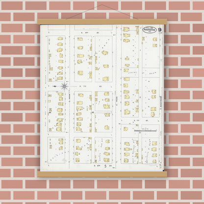 Old map wall art mockup — magnetic wood frame on brick wall — Sanborn Fire Insurance Map from Hoopeston, Vermilion County, Illinois (1906), Sheet #0009