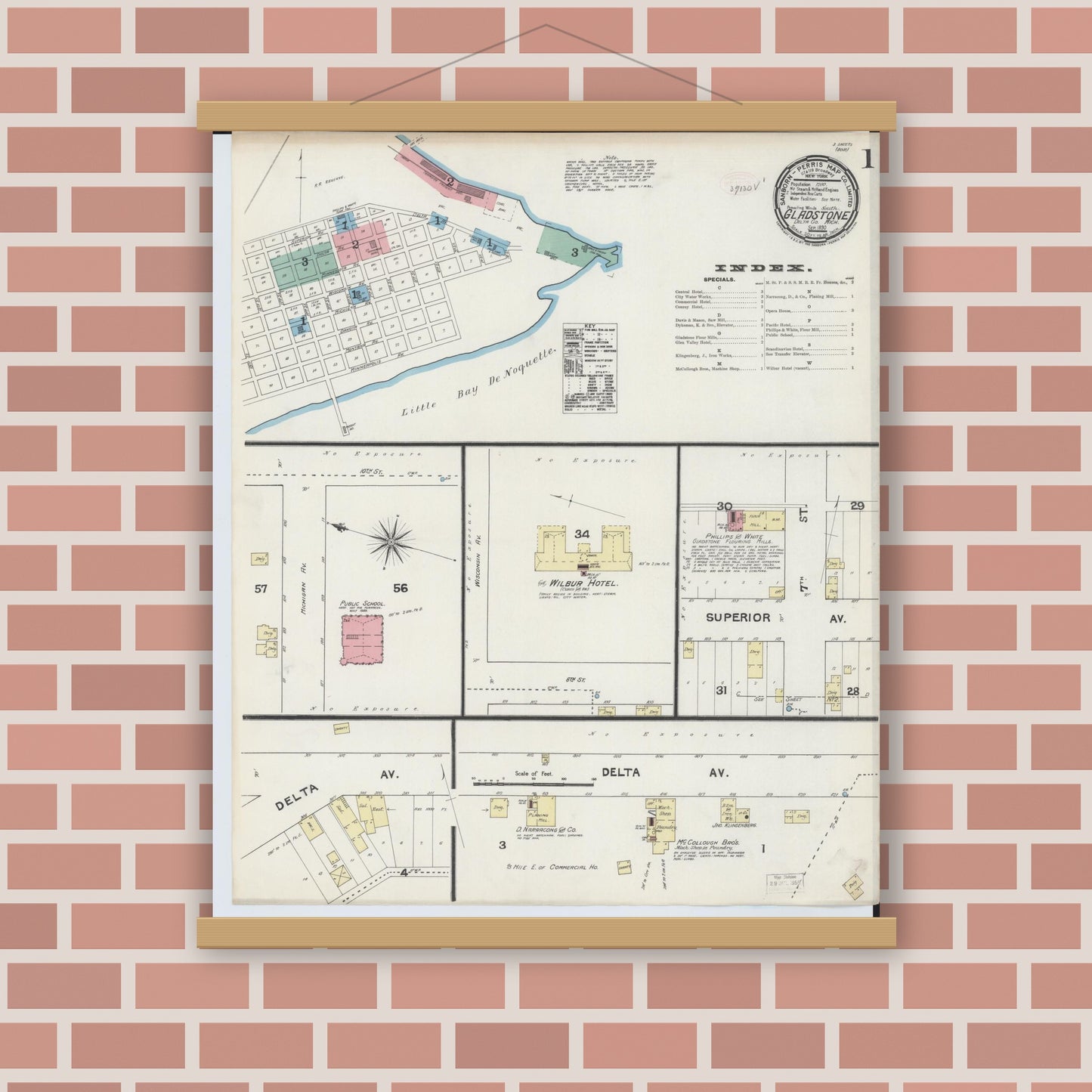 Old map wall art mockup — magnetic wood frame on brick wall — Sanborn Fire Insurance Map from Gladstone, Delta County, Michigan (1890) - Complete Map Set